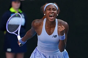 Photo: AP/Asanka Brendon Ratnayake : Coco Gauff of the U.S. celebrates after defeating Karolina Muchova of the Czech Republic in their fourth round match at the Australian Open tennis championship in Melbourne, Australia.