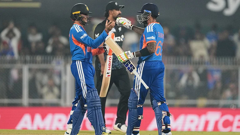 India's captain Suryakumar Yadav, right, greets India's Abhishek Sharma as he scores fifty run during the third T20 cricket match between India and New Zealand in Guwahati, India, Sunday, Jan. 25, 2026. - | Photo: AP/Anupam Nath
