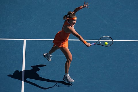 Karolina Muchova of the Czech Republic plays a backhand return to Coco Gauff of the U.S. during their fourth round match at the Australian Open tennis championship in Melbourne, Australia.