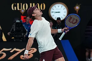 | Photo: AP/Dita Alangkara : Alex de Minaur of Australia celebrates after defeating Alexander Bublik of Kazakhstan in their fourth round match at the Australian Open tennis championship in Melbourne, Australia.