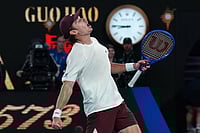 | Photo: AP/Dita Alangkara : Alex de Minaur of Australia celebrates after defeating Alexander Bublik of Kazakhstan in their fourth round match at the Australian Open tennis championship in Melbourne, Australia.