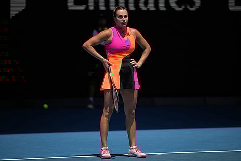 Aryna Sabalenka of Belarus reacts during her fourth round match against Victoria Mboko of Canada at the Australian Open tennis championship in Melbourne, Australia.