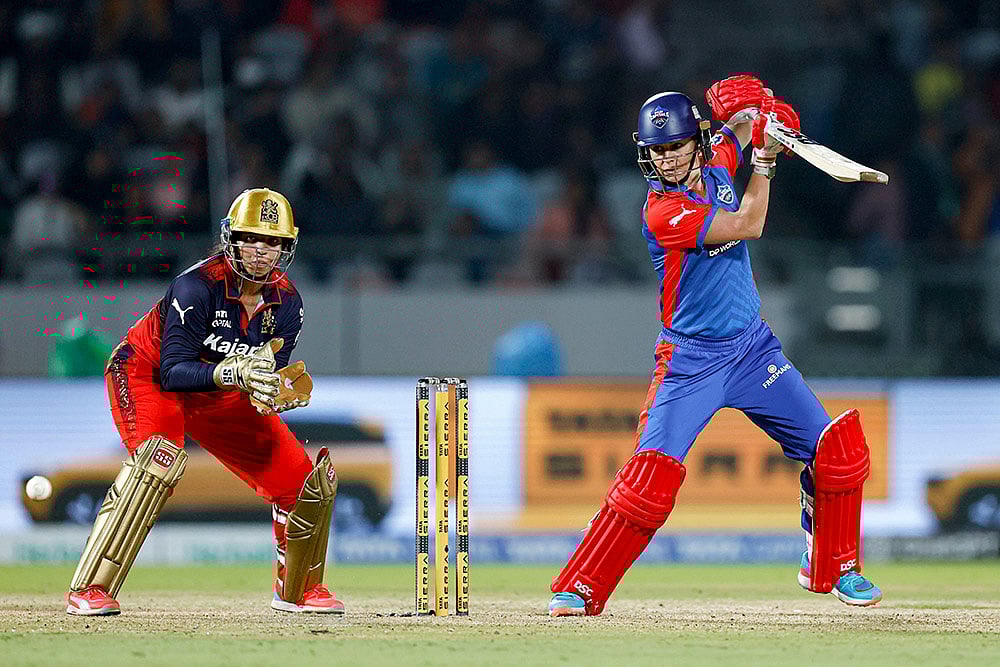 Delhi Capitals' Marizanne Kapp plays a shot during the Women's Premier League (WPL) 2026 T20 cricket match between Royal Challengers Bengaluru and Delhi Capitals, at BCA Stadium, in Vadodara, Gujarat. - | Photo: BCCI via PTI 
