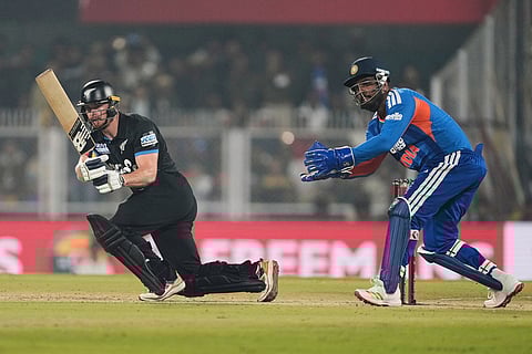 New Zealand's Glenn Phillips plays a shot during the third T20 cricket match between India and New Zealand in Guwahati, India.
