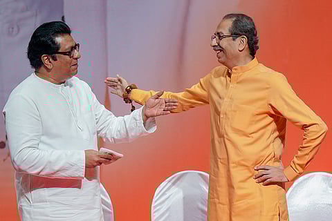 Maharashtra Navnirman Sena (MNS) chief Raj Thackeray and Shiv Sena (UBT) chief Uddhav Thackeray during celebrations of Shiv Sena founder Balasaheb Thackeray's 100th birth anniversary, in Mumbai.