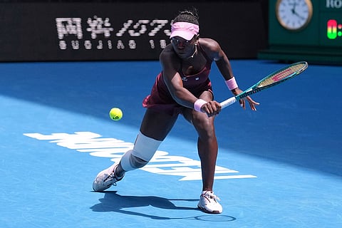 Victoria Mboko of Canada plays a backhand return to Aryna Sabalenka of Belarus during their fourth round match at the Australian Open tennis championship in Melbourne, Australia.