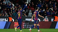 Barcelona Vs Oviedo Highlights, La Liga 2025-26: Yamal’s Volley Secures Barca’s 3-0 Win (AP Photo/Joan Monfort) : Barcelona's Lamine Yamal, left, celebrates after scoring his side's third goal during a Spanish La Liga soccer match between Barcelona and Real Oviedo in Barcelona, Spain, Sunday, Jan. 25, 2026.