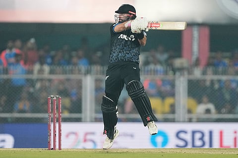 New Zealand's Daryl Mitchell plays a shot during the third T20 cricket match between India and New Zealand in Guwahati, India.