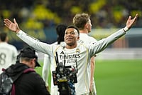Villarreal Vs Real Madrid, La-Liga 2025-26: Mbappe Shines As 2-0 Victory Saw Los Blancos Leapfrog Barcelona | Photo: AP/Alberto Saiz : Real Madrid's Kylian Mbappe celebrates after the Spanish La Liga soccer match between Villarreal and Real Madrid in Villarreal, Spain.