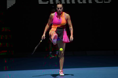Aryna Sabalenka of Belarus kicks the ball during her fourth round match against Victoria Mboko of Canada at the Australian Open tennis championship in Melbourne, Australia.