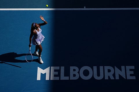 Coco Gauff of the U.S. prepares to serve to Karolina Muchova of the Czech Republic during their fourth round match at the Australian Open tennis championship in Melbourne, Australia.