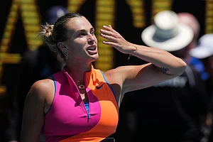 | Photo: AP/Dita Alangkara : Aryna Sabalenka of Belarus celebrates after defeating Victoria Mboko of Canada in their fourth round match at the Australian Open tennis championship in Melbourne, Australia.