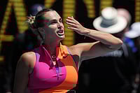 | Photo: AP/Dita Alangkara : Aryna Sabalenka of Belarus celebrates after defeating Victoria Mboko of Canada in their fourth round match at the Australian Open tennis championship in Melbourne, Australia.