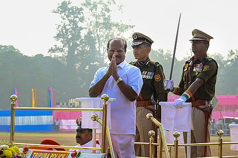 Tripura Governor Indra Sena Reddy Nallu during the 77th Republic Day Parade, in Agartala.