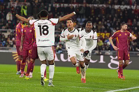 AC Milan's Koni De Winter celebrates after scoring during the Serie A EniLive soccer match between Roma and Milan in Rome, Italy.