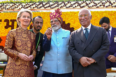 Prime Minister Narendra Modi, centre, with President of the European Commission Ursula von der Leyen, left, and President of the European Council Antonio Costa during the 77th Republic Day Parade, at Kartavya Path, in New Delhi. 