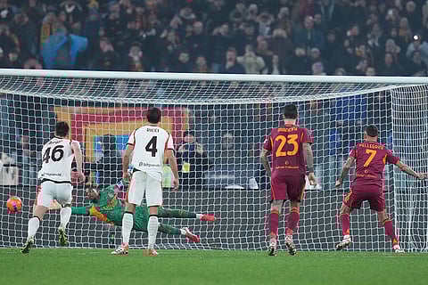Roma's Lorenzo Pellegrini scores a penalty during the Serie A EniLive soccer match between Roma and Milan in Rome, Italy.