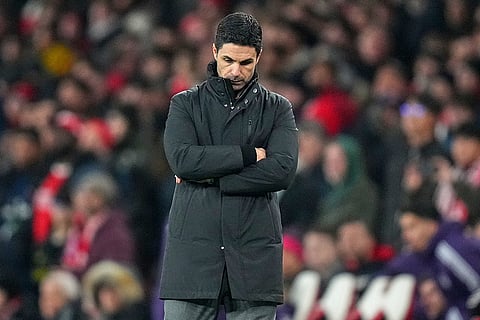 Arsenal's manager Mikel Arteta reacts on the touchline during the English Premier League soccer match between Arsenal and Manchester United in London.