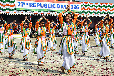 Artists perform during the 77th Republic Day celebrations, in Guwahati.