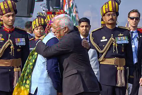 Prime Minister Narendra Modi receives European Council President Antonio Costa during the 77th Republic Parade, at Kartavya Path, in New Delhi. 