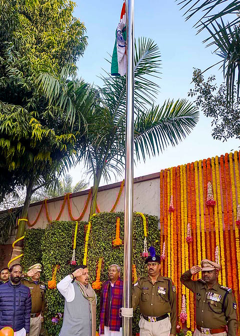 BJP National President Nitin Nabin and others during a celebration on the occasion of the 77th Republic Day, at the party’s headquarters, in New Delhi.