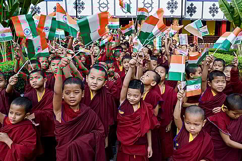 Young Buddhist monks during the 77th Republic Day celebrations at Tergar Monastery, in Bodh Gaya, Bihar.