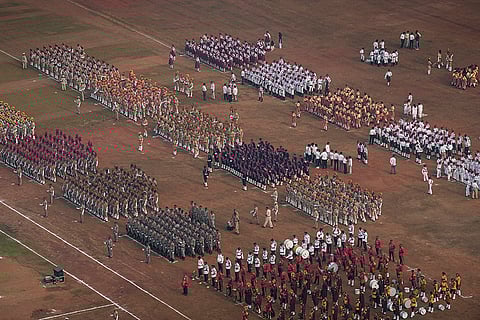 An aerial view of the marching contingents during the 77th Republic Day Parade, at Shivaji Park, in Mumbai.