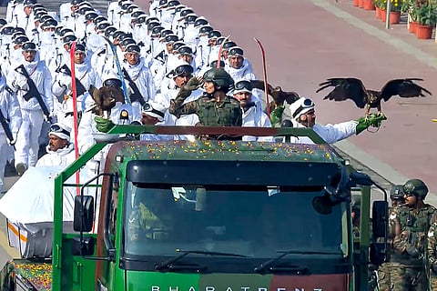 Indian Army’s Him Yodha Contingent with black kites proceed during the 77th Republic Day Parade at Kartavya Path, in New Delhi. 