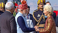 In this screengrab from a video posted on Jan. 26, 2026, Prime Minister Narendra Modi receives European Commission President Ursula von der Leyen and President of the European Council Antonio Costa during the 77th Republic Parade, at Kartavya Path, in New Delhi.