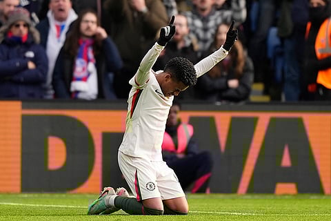 Chelsea's Estevao celebrates scoring during the English Premier League soccer match between Crystal Palace and Chelsea in London.