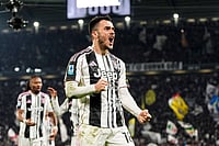 | Photo: Fabio Ferrari/LaPresse via AP : Juventus' Filip Kostic celebrates scoring their side's third goal of the game during the Italian Serie A soccer match between Juventus and Napoli in Turin.