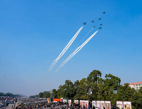 Indian Air Force's (IAF) two MiG-29, two Rafale, two Sukhoi Su-30MKI and one Jaguar aircraft perform a flypast in 'Operation Sindoor' formation during the 77th Republic Day Parade, in New Delhi.