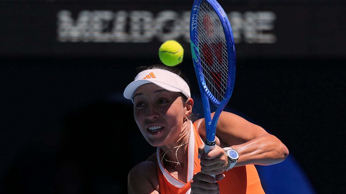Jessica Pegula of the U.S. plays a backhand return to her compatriot Madison Keys during their fourth round match at the Australian Open tennis championship in Melbourne, Australia, Monday, Jan. 26, 2026.  - AP Photo/Mark Baker