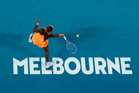 Coco Gauff of the U.S. plays a forehand return to Elina Svitolina of Ukraine during their quarterfinal match at the Australian Open tennis championship in Melbourne, Australia.
