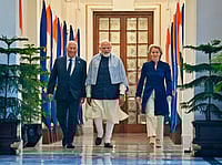 | PTI | : In this image received on Jan. 27, 2026, Prime Minister Narendra Modi with European Council President Antonio Costa, left, and European Commission President Ursula von der Leyen, right, during their meeting at the Hyderabad House, in New Delhi. 
