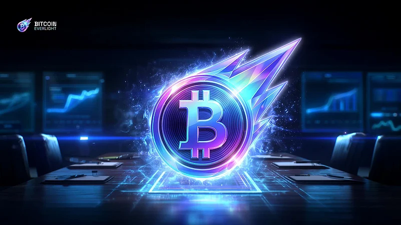 Glowing Bitcoin Everlight symbol in a boardroom