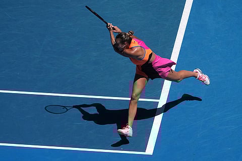 Aryna Sabalenka of Belarus plays a backhand return to Iva Jovic of the U.S. during their quarterfinal match at the Australian Open tennis championship in Melbourne, Australia.