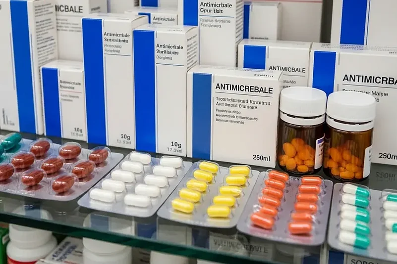 Shelves of medication boxes with blue vertical strips alongside various blister packs of pills