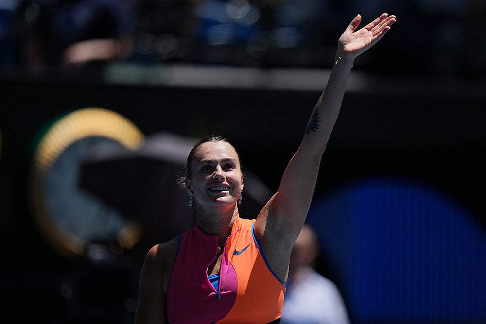 Aryna Sabalenka of Belarus celebrates after defeating Iva Jovic of the U.S. in their quarterfinal match at the Australian Open tennis championship in Melbourne, Australia. - | Photo: AP/Aaron Favila