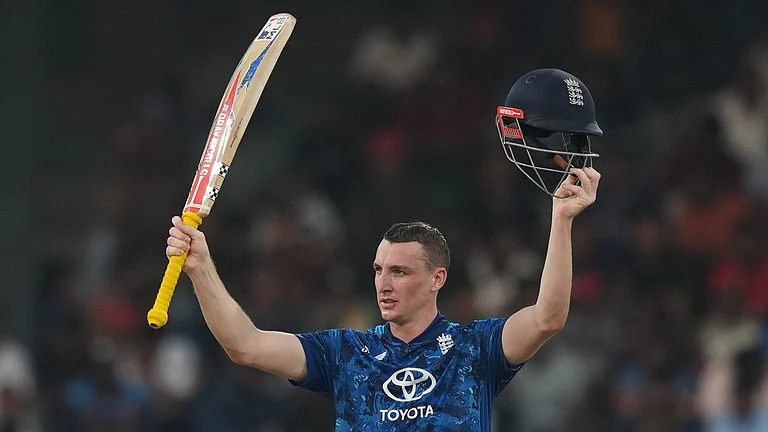 England's captain Harry Brook celebrates his century during the third ODI cricket match between England and Sri Lanka in Colombo, Sri Lanka, Tuesday, Jan. 27, 2026. - AP Photo/Eranga Jayawardena