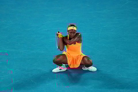Coco Gauff of the U.S. plays a backhand return to Elina Svitolina of Ukraine during their quarterfinal match at the Australian Open tennis championship in Melbourne, Australia.