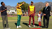 South Africa Vs West Indies Live Streaming, 1st T20I: Toss Update, Playing XIs | Photo: X/windiescricket : South Africa's captain Aiden Markram and West Indies' captain Roston Chase at the toss ahead of their first T20I match on January 27, 2026.