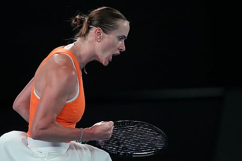 Elina Svitolina of Ukraine reacts during her quarterfinal match against Coco Gauff of the U.S. during their quarterfinal match at the Australian Open tennis championship in Melbourne, Australia.