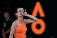 | Photo: AP/Dita Alangkara : Elina Svitolina of Ukraine celebrates after defeating Coco Gauff of the U.S. in their quarterfinal match at the Australian Open tennis championship in Melbourne, Australia.