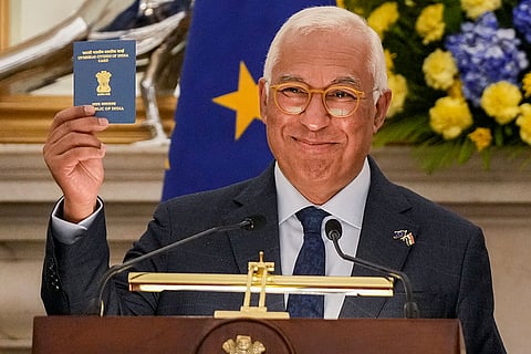 New Delhi: European Council President Antonio Costa shows his Overseas Citizen of India (OCI) Card during a joint press statement after a meeting with Prime Minister Narendra Modi at the Hyderabad House, in New Delhi.