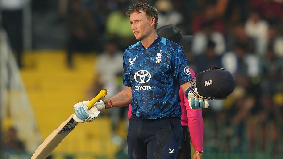 England's Joe Root celebrates his century during the third ODI cricket match between England and Sri Lanka in Colombo, Sri Lanka, Tuesday, Jan. 27, 2026 - (AP Photo/Eranga Jayawardena)