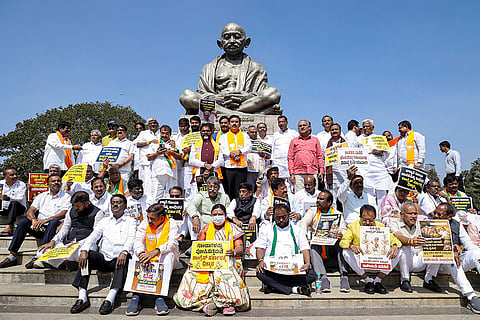 Karnataka BJP President B. Y. Vijayendra, and other party leaders stage a protest at Vidhana Soudha premises, demanding the suspension of some Congress legislators for allegedly "insulting and disrespecting" Governor Thaawarchand Gehlot during the joint sitting of the state legislature, in Bengaluru.