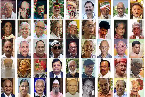This combo image shows Padma Awardees for 2026, First row, from left, Yumnam Jatra Singh (Arts), Vishwa Bandhu (Arts), Thiruvarur Bhakthavatsalam (Arts), Techi Gubin from Arunachal Pradesh (Social Work), Taga Ram Bheel (Arts), Suresh Hanagavadi (Indigenous Medicine for Haemophilia), Simanchal Patro (Arts), Shrirang Devaba Lad (Agriculture), Shafi Shauq (Literature and Education), Second row, from left, Sangyusang S Pongener (Artss), SG Susheelamma (Social Work), Rama Reddy Mamidi (Animal Husbandry and Dairy), Rajasthapati Kaliappa Goundar (Artss), Raghupat Singh (Agriculture), Sunita Godbole (Medicine), R Krishnan (Arts), Pokila Lekthepi (Arts), Othuvar Thiruthani (Arts), Third row, from left, Nuruddin Ahmed (Arts), Nilesh Mandlewala (Social Work), Mohan Nagar (Environment), Mir Hajibhai Kasambahi (Arts), Mahendra Kumar Mishra (Literature and Education), Kollakkayil Devaki Amma G (Environment and aforestation), Khemraj Sundriyal (Artss), Kailash Chandra Pant (Literature and Education), K Pajanivel (Artss), Fourth row, from left, Inderjit Singh Sindhu (Social Work), Hally War (Social Work), Gafruddin Mewarti (Arts), Dr Shyam Sundar (Medicine), Dr Punniamurthy Natesan (Veterinary scientist), Dr Padma Gurment (Medicine), Dr Kumarasamy Thangaraj (Indian Geneticist), Dharmiklal Chunilal Pandya (Arts), Chiranji Lal Yadav (Arts), Fifth row, from left, Charan Hembram (Literature and Education), Budri Thati (Social Work), Brij Lal Bhat (Social Work), Bhiklya Ladakya (Arts), Bhagwadas Raikwar (Sports), Armida Fernandes (Medicine), Ram Chandra Godbole (Medicine), Anke Gowda (Literature and Education), Raghuveer Kehdkar (Arts).