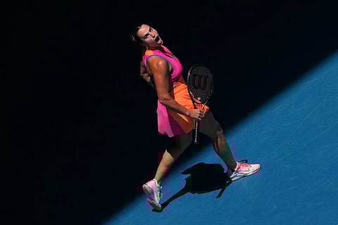 Aryna Sabalenka of Belarus reacts during her quarterfinal match against Iva Jovic of the U.S. at the Australian Open tennis championship in Melbourne, Australia.