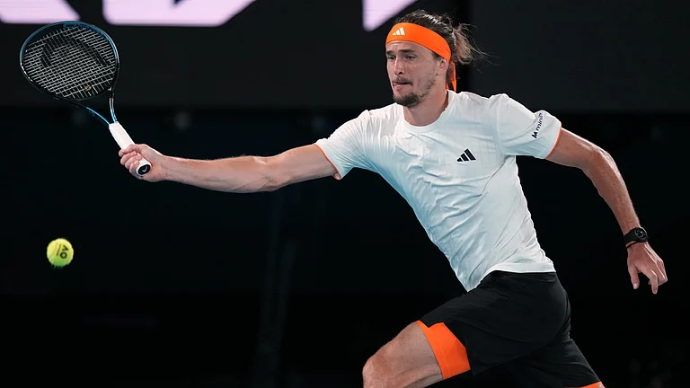 Zverev in action against Tien in their quarter-final match at the Australian Open 2026. - AP/Aaron Favila